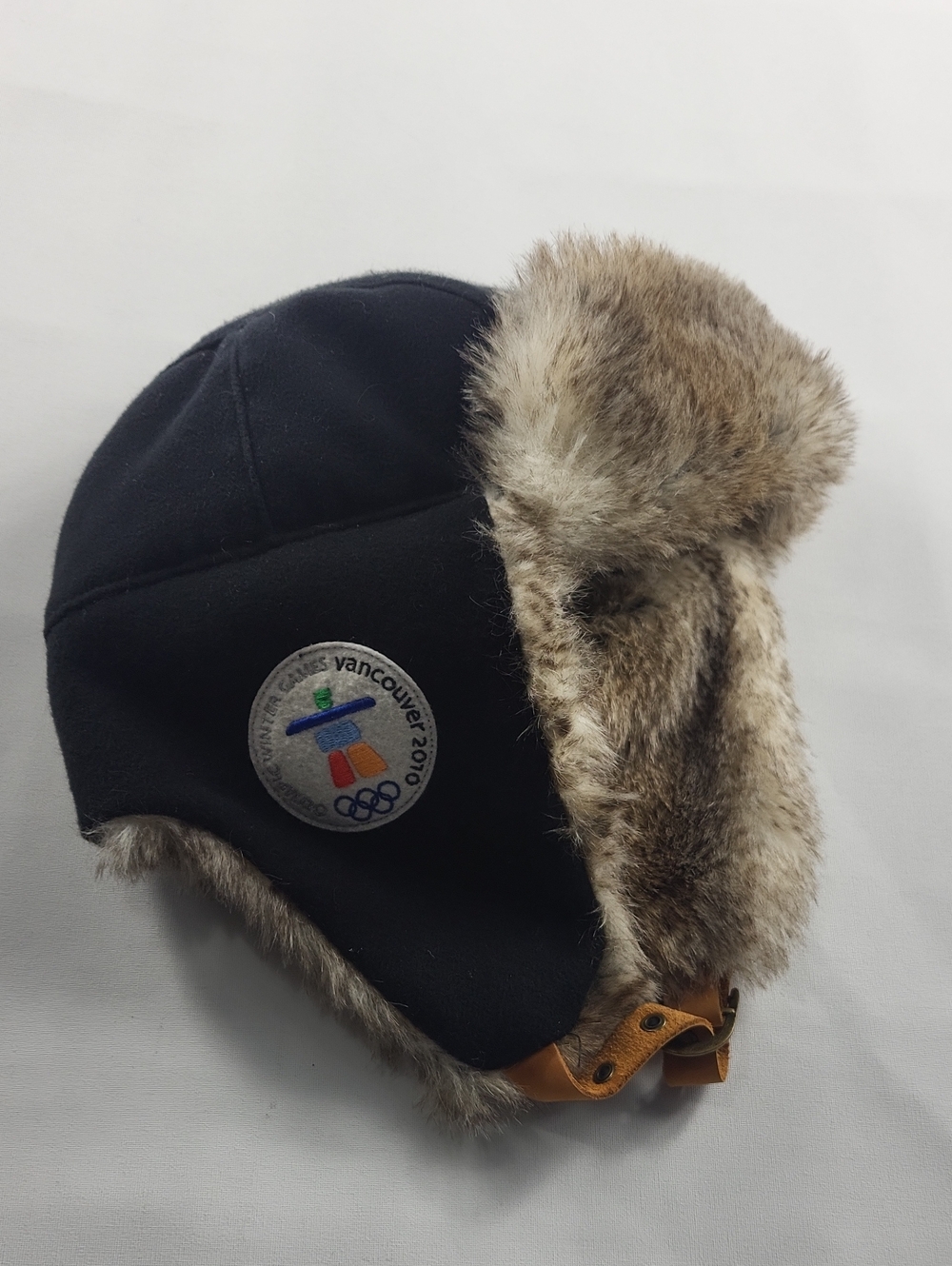 Official Vancouver 2010 Winter Olympics Trapper Hat Faux Fur Black Aviator